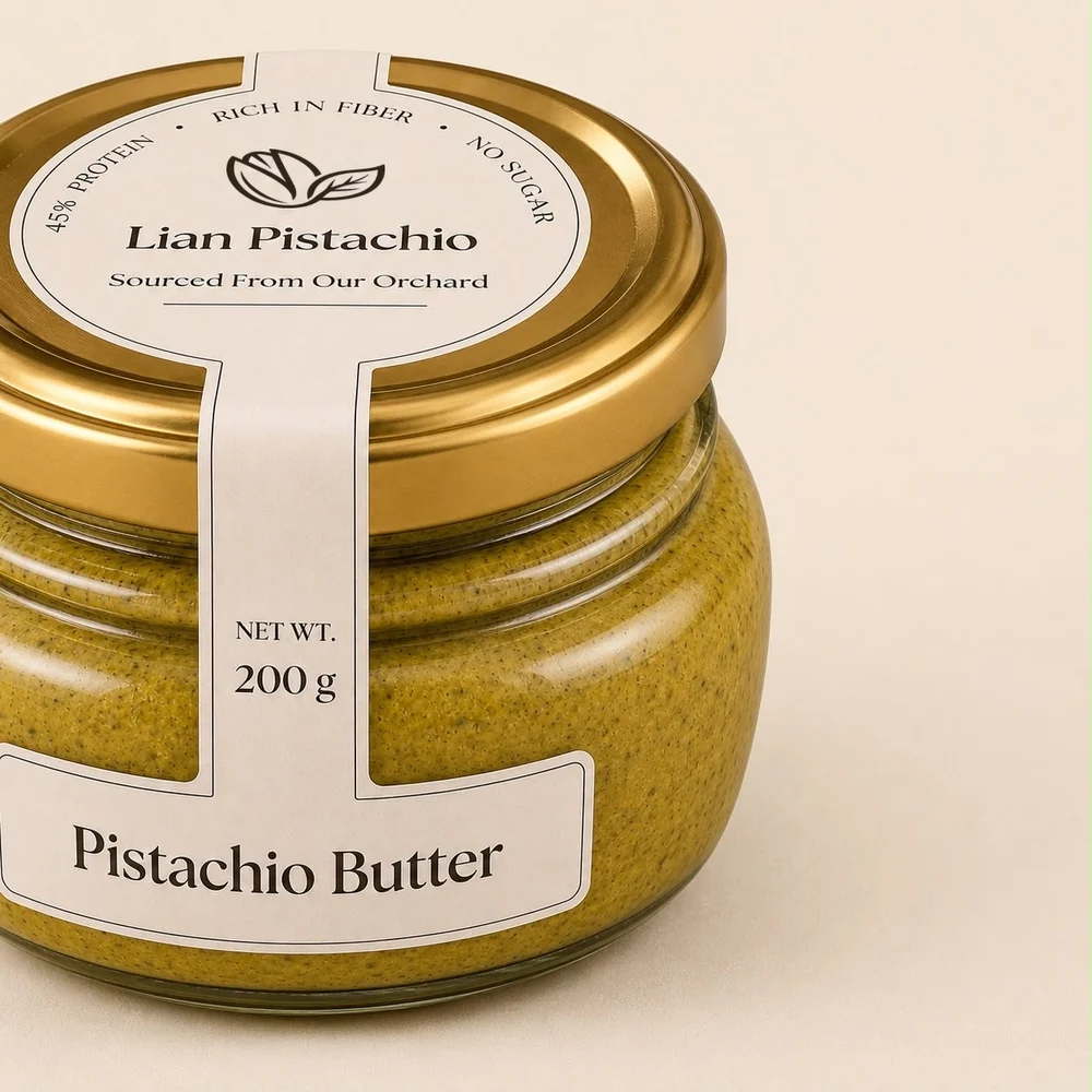 Lian Pistachio butter in a 200 g glass jar with a gold lid